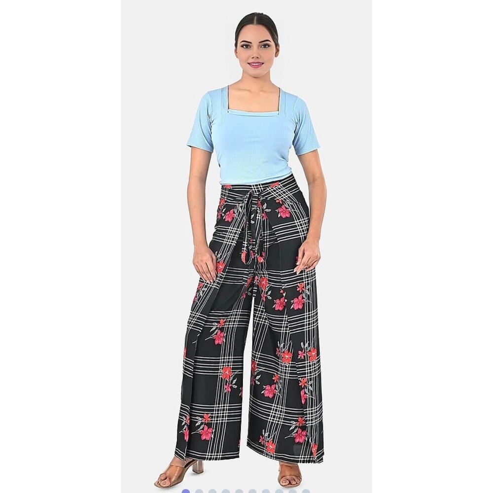 La Marey Black Floral Boho Wrap Pants One Size Fits Most NIB